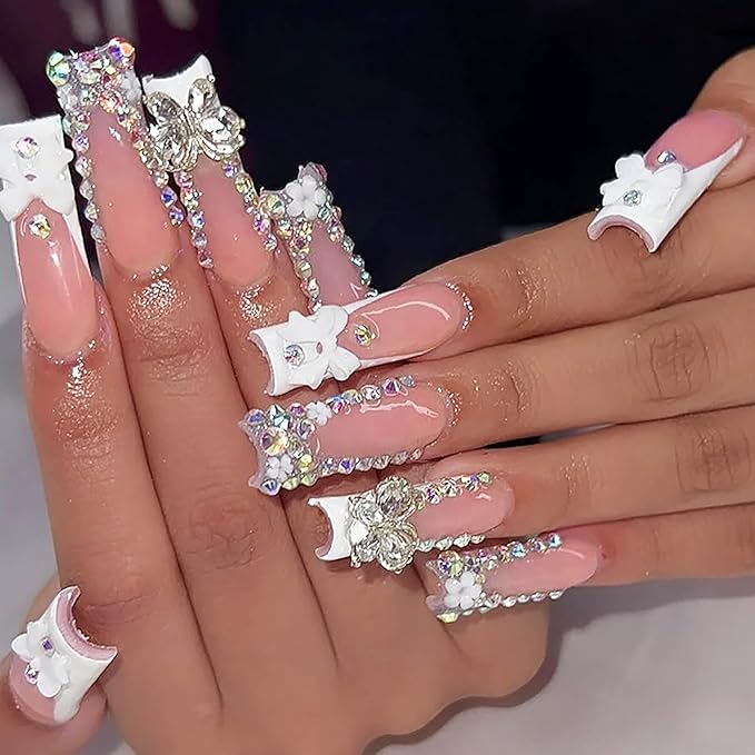24Pcs Press on Nails Long Square Xl Fake Nails Pink Full Cover Acrylic Nails with Charm Designs False Nails Press Ons Rhinestones Glue on Nail for Women and Girls (White French Rhinestones)