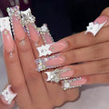 24Pcs Press on Nails Long Square Xl Fake Nails Pink Full Cover Acrylic Nails with Charm Designs False Nails Press Ons Rhinestones Glue on Nail for Women and Girls (White French Rhinestones)