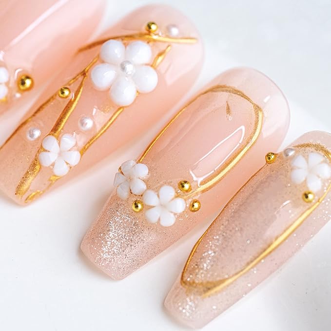 Sun&Beam Nails Handmade Press On Nail Medium Long Coffin Ballerina Pink Flower Plum Blossom Fake Tip 3D Design Art Charms Cute with Storage Box 10 Pcs (#010 XS)