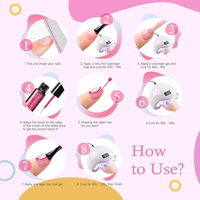 TWOEIGHT Gel Nail Polish Liner Nail Art 12 Colors 8ml UV Lamp Soak-off Polishes Pigmented Red Pink Glitter Built Thin Brush in Bottle Manicure DIY at Home Salon Quality Gift for Women for Mom