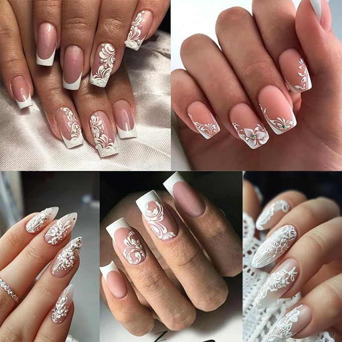 2 Sheets Embossed Flowers Nail Art Stickers Self-Adhesive White Vine Pattern Nail Supplies 5D Flower Nail Stickers for Nail Art Spring Floral Nail Decals for Women Girls DIY Nail Decoration
