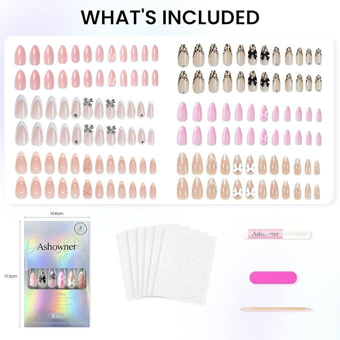 6 Packs (144 Pcs) | Reusable Press on Nails | Stick on Nails 12 Sizes-6 Styles | Cute style