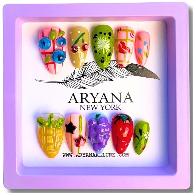 ARYANA NEW YORK Handmade Summer Press-On Nails – 3D Floral False Nails, Medium Almond Shape, French Tip with Glossy Black Beads | Les Fruits Collection for Women Les Fruits Collection - (Medium)