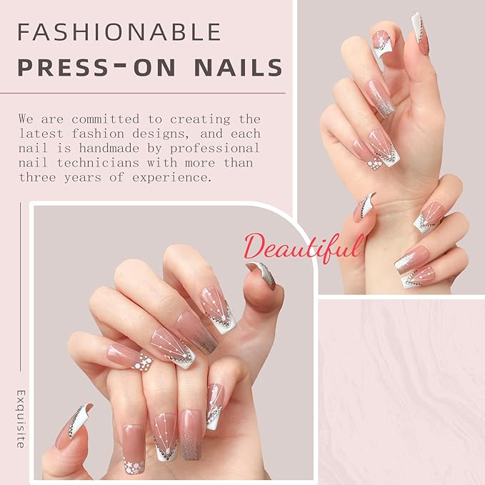 Luxury Handmade Press-on Nail Art – 3D Rhinestone Silver Glitter False Nails，Nude Gradient French Acrylic Nails， Reusable Self-Adhesive White Fake Nails.(M-10PCS)