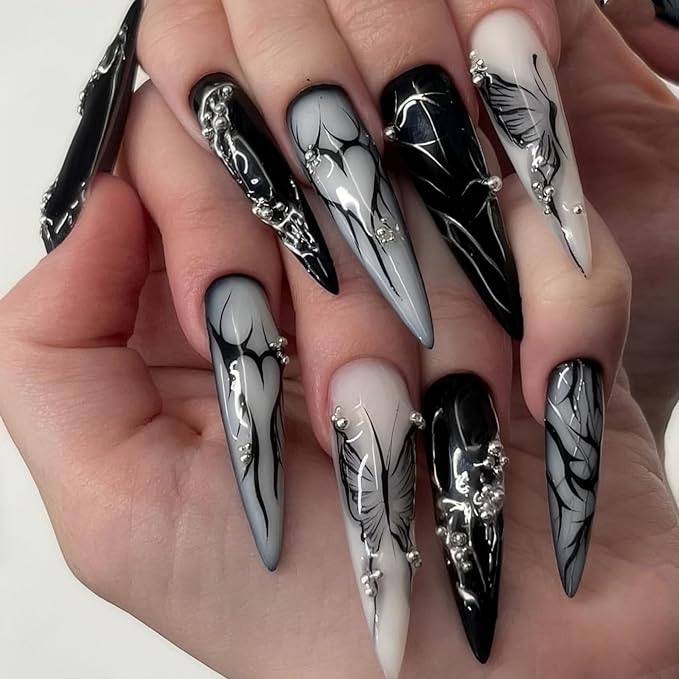 xl Black Press on Nails Long Almond Nails Press Ons Butterfly&Love Design False Nails Full Cover Arificial Glossy Fake Nails Gift for Womens 24pcs