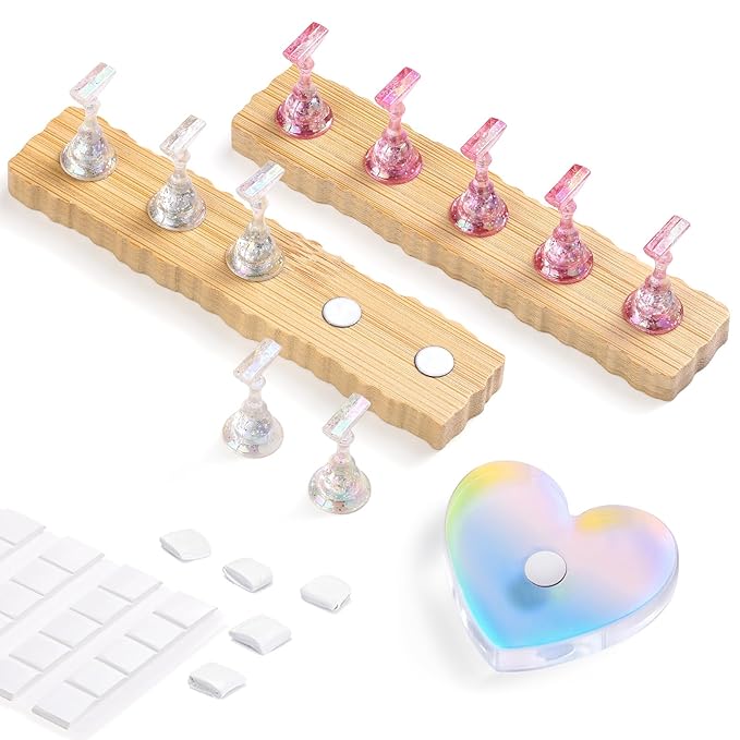 Etercycle 2 Set Wooden Nail Holder for Display Painting Nails - 1 Aurora Heart Shaped Acrylic Magnetic Practice Nail Stand - Fake Nail Holder for Press On Nails with Reusable Adhesive Putty