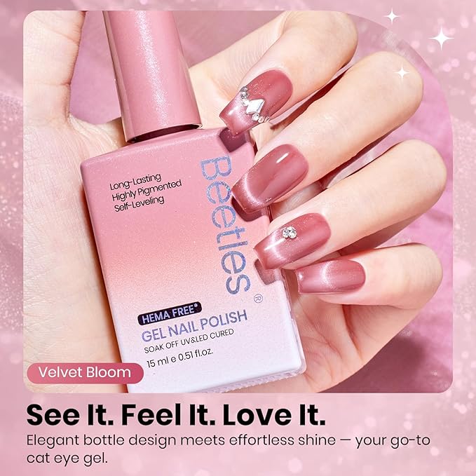 Beetles Velvet Bloom Pink Cat Eye Gel Nail Polish - 15ML Valentines Gel Polish Glitter Pink Cat Eye Gel Polish Rosa Color Magnetic Translucent Glassy Effect Soak Off UV DIY Manicure Gift for Wome