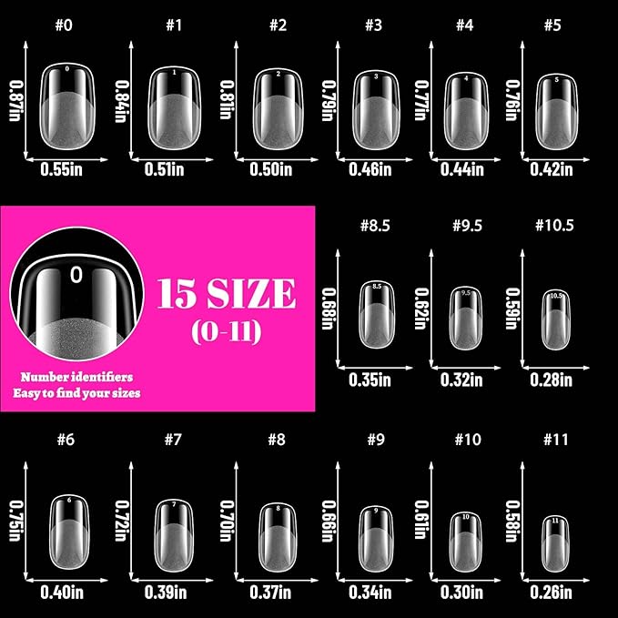 300pc Medium Round Square Nail Tips, Soft Gel Nail Tip Fake Nails Squoval Artificial Fingernail, 15 Sizes Full Cover Clear Press on Nail Medium Square Acrylic Nails Tips for Nail Extension