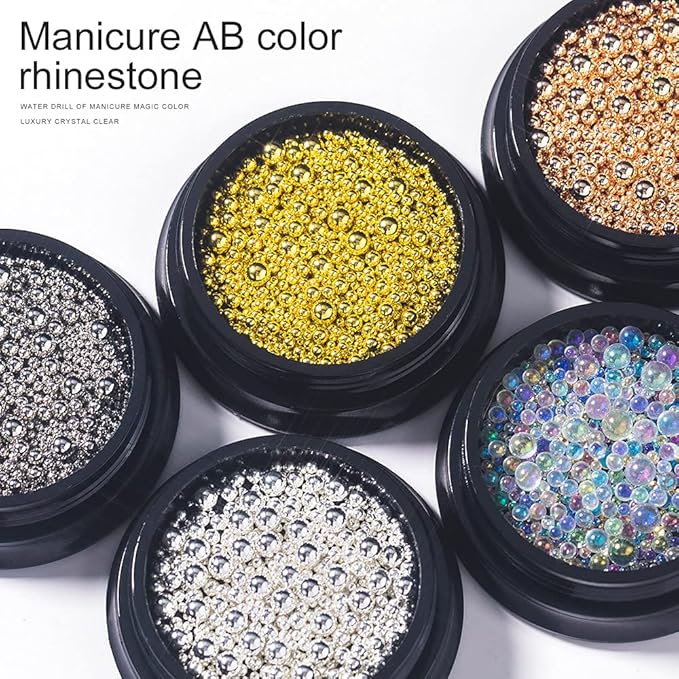 HNUIX Nail Beads - Mixed Size, 6 Colors, Round, Metal Steel Beads Nail Charms, Caviar Beads Nail Accessories for Acrylic Nails, Manicure DIY Crafts Decorations