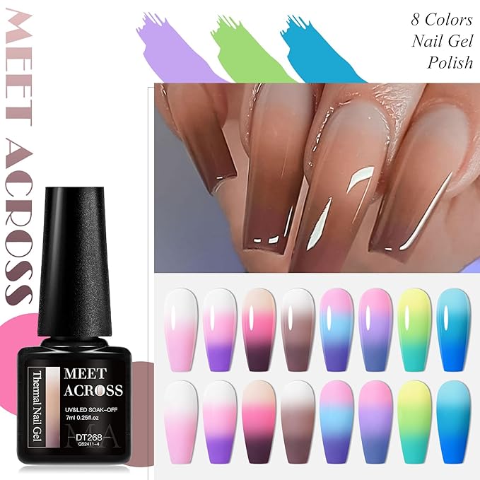MEET ACROSS Color Changing Gel Nail Polish Kit, 8 Colors Pink Red Blue Purple Temperature Change Gel Polish Soak Off Uv Led Diy Nail Art Salon Manicure Gifts for Women