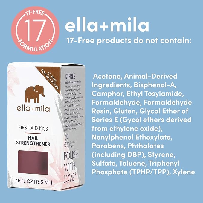 ella+mila Nail Strengthener and Growth Treatment - First Aid Kiss Nail Hardener for Damaged Brittle Thin Nails - Strengthening Polish with Vitamin E - Vegan (0.45 fl oz)