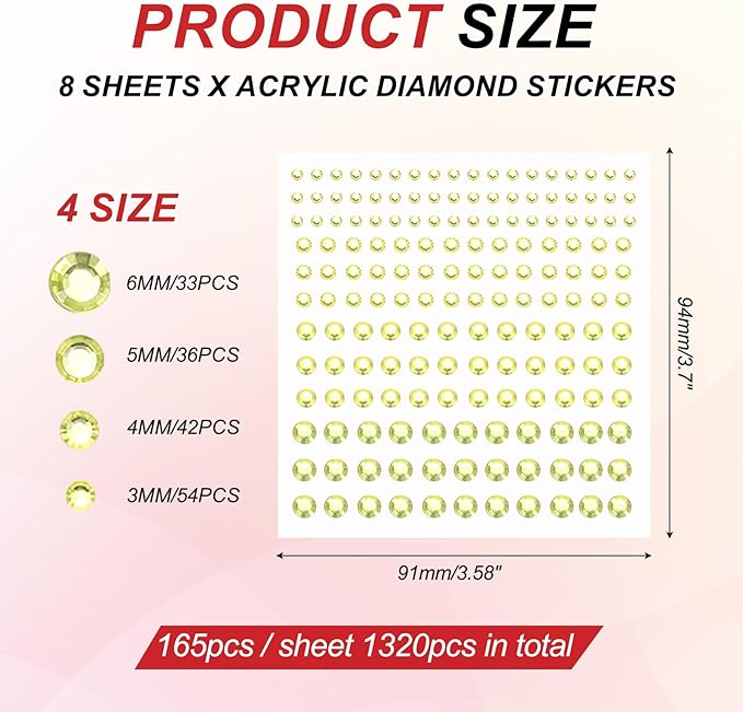 PATIKIL 1320 Pcs Acrylic Gem Sticker, 4 Size 3/4/5/6mm Self Adhesive Rhinestones Face Gem Stones Bling Jewelry for Nail Art Craft Clothes DIY Makeup Decoration Party, Light Yellow