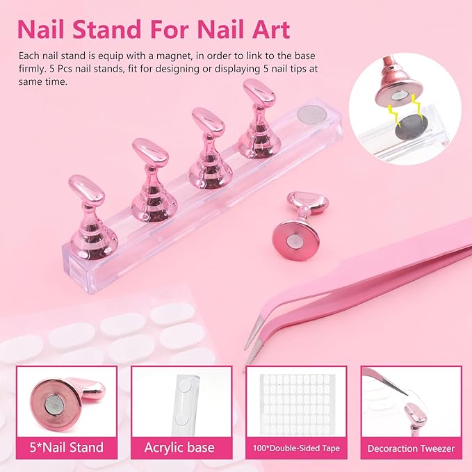 Acrylic Fake Nails Kit for Beginner - Press On Nail Supplies with Clear Almond Tips Chrome Powder Nail Stand Nail Art Brushes Dotting Pen Glitter Sequins Sticker Rhinestones