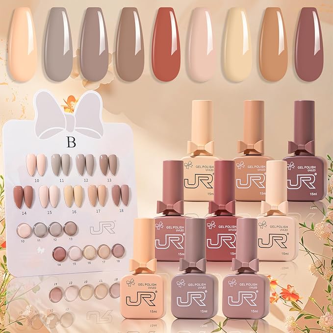 JR 9pcs 15ml Nail Gel Polish Set Earth Tone Series Gel Polish Kit UV LED Soak Off Polish Home DIY For Women Gifts B Model