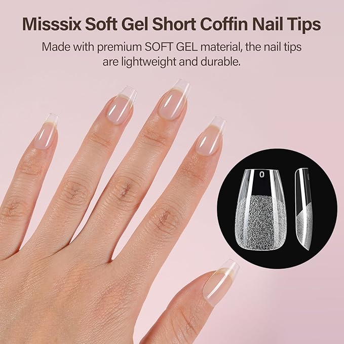 Misssix Short Coffin Gel x Nail Tips Kit, 216Pcs Pre Etched Clear Fake Nails, Full Cover False Nail 9-in-1 Gel Glue and Portable Mini U V Nail Lamp for Women 12 Sizes
