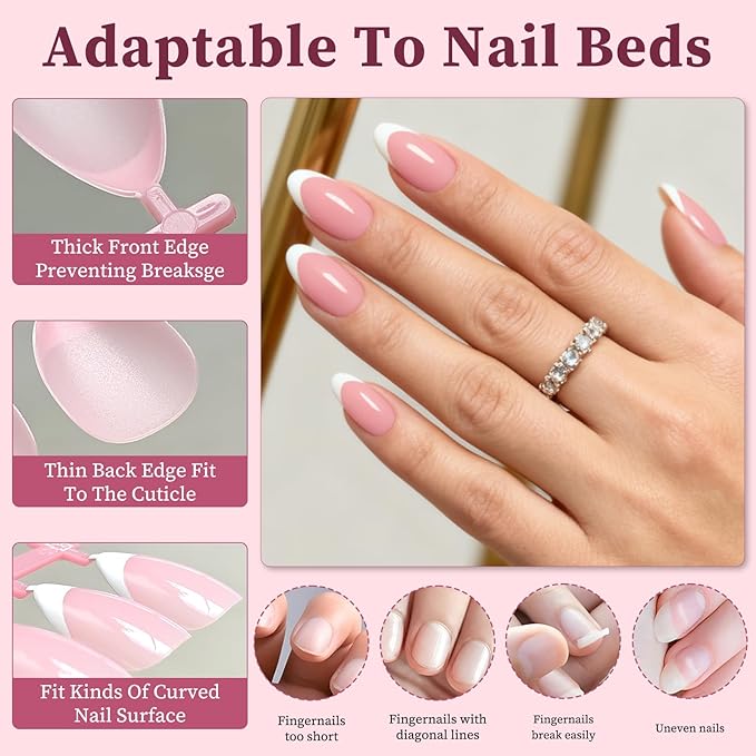 240PC White French Tip Press on Nails Short Fake Nails Press ons with 5*Adhesive Tabs, Pink Almond Acrylic Nail Press on Nail French Tip Nails False Artificial Fingernails Stick on Nails-E