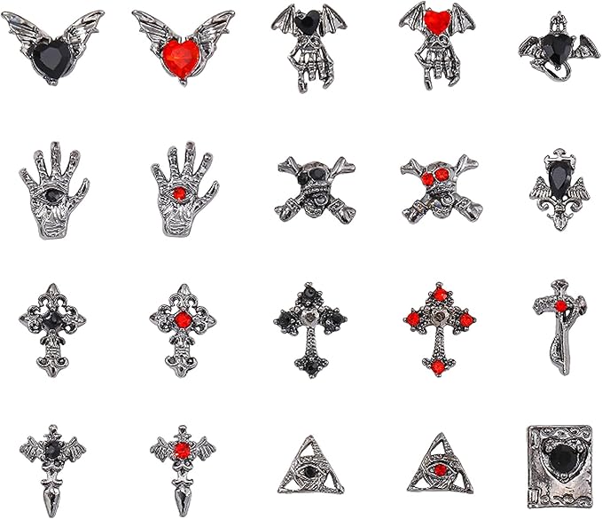 Halloween Nail Charms,60pcs Skeleton Skull Hand Cross Nail Gems with Rhinestones,Retro Gothic Metal Alloy Nail Art Jewelry Decoration for DIY Halloween Nail Design Crafts