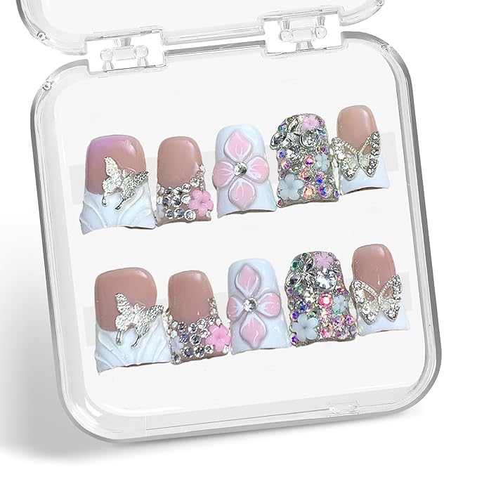 Duck Shaped Press on Nails 3D Flower Colorful Rhinestone and Butterfly Embossed Design Thick Acrylic and Muti-Layer Gel Handmade Press on Nails White French Tip Thick Acrylic Nails for Women (Size S)