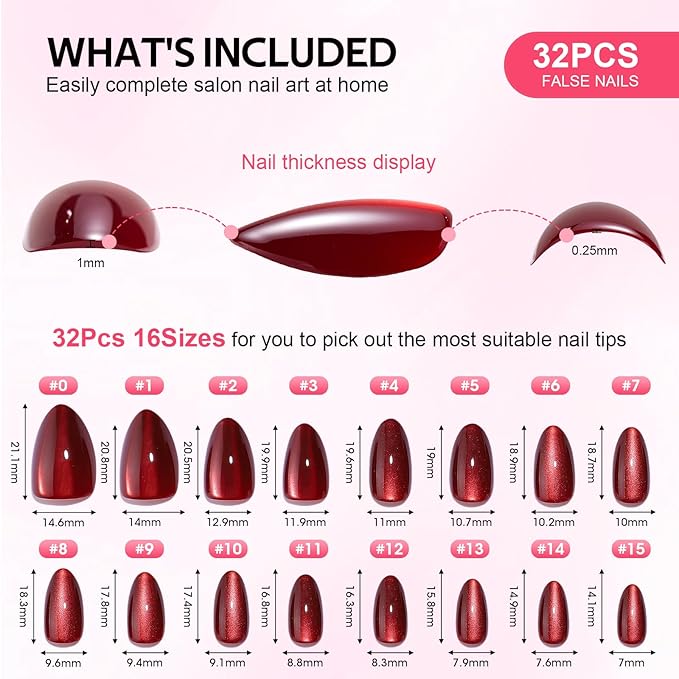 Press On Nails Almond - Findigit Cat Eye Press On Nails Short for Gifts, Cherry Red Stick On Nails with Glue, Glossy Natural Fit Nail Tips in 16 Sizes - 32 Soft