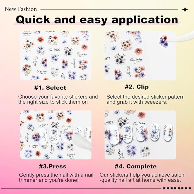 12 Sheets Butterfly Flower Nail Stickers for Nail Art, Colorful Flower Nail Decals,Flower 3D Self-Adhesive Nail Art Stickers Design for Women DIY Manicure Decoration YX1230