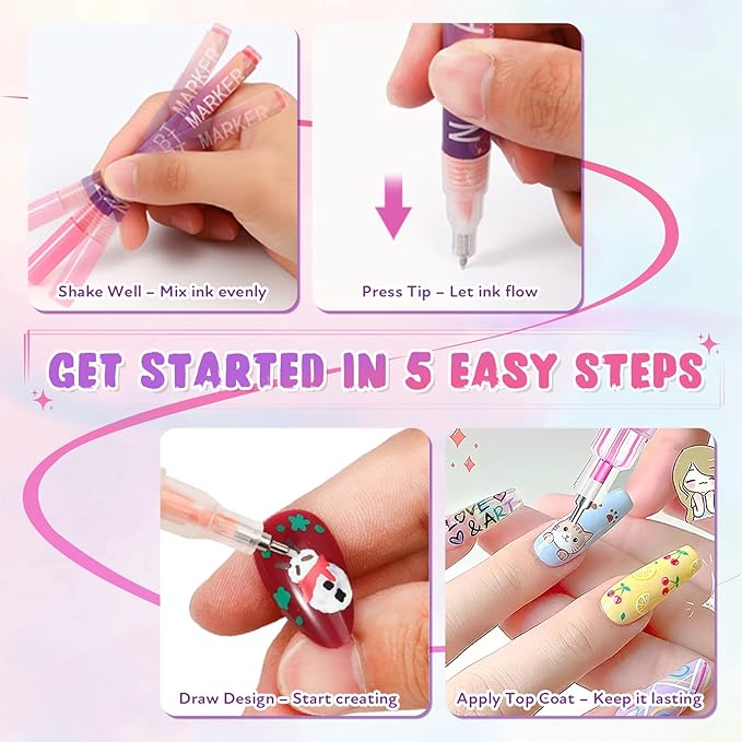 Nail Art Markers, Nail Art Pens for Painting Nails, 12 Colors Nail Art Pens Set with 0.5mm Fine Tip, Quick-Drying Nail Art Marker Pen for DIY Designs, Waterproof Nail Art Pen Kit for Home Salon Use