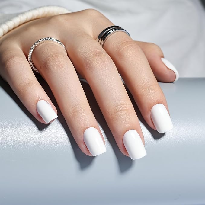 White Press on Nails - Short Square Press on Nails, Milky Nails Press Ons for Women DIY Fake Nails Kit with Glue, Glossy Reusable Glue on Nail Short in 15 Sizes - 30pcs, Milky White