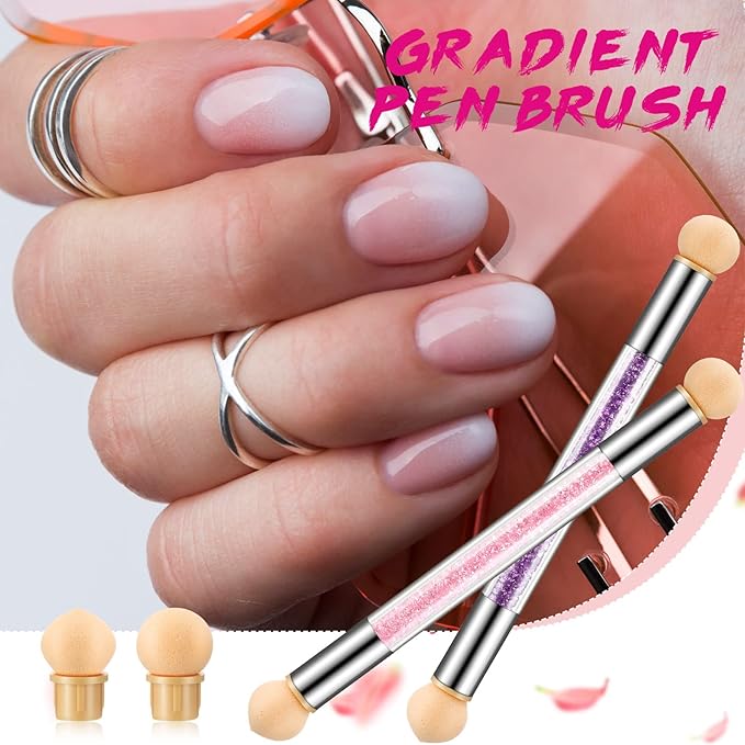 Maitys 4 Pcs UV Gel Gradient Sponges Pens with 16 Pcs Replacement Head Nail Sponges for Ombre Double Head Brush for Nail Art Manicure DIY Tools(White, Pink, Purple, Red)