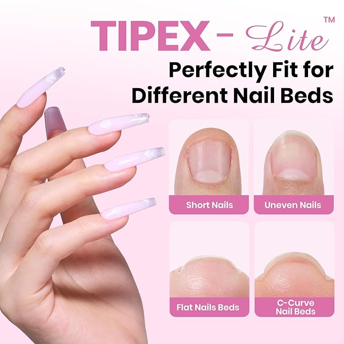 Beetles Tipex Lite Pre-Built Apex Gel Nail Tips, Coffin Long, 256pcs Value Pack, 16 Sizes, Flat-Nail Friendly Acrylic Tips for Natural Nail Beds, Easy for Beginner DIY