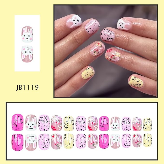 Easter Press on Nails Colorful Flower Fake Nails Glossy Pink False Nail with Cute Bunny Designs Short Square Acrylic Nails Full Cover Stick on Nail for Women Girls Easter Manicure 24 Pcs
