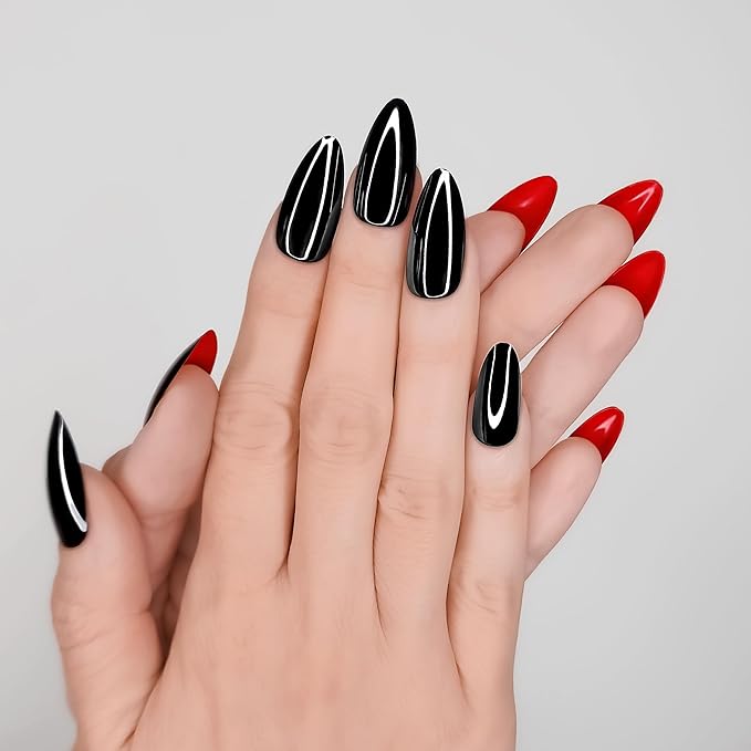 Hypnaughty 30 Pcs Revenge Almond Black Glossy Press On Nails With Bright Red Gloss Underneath & Nail Kit With Glue (Revenge Almond)