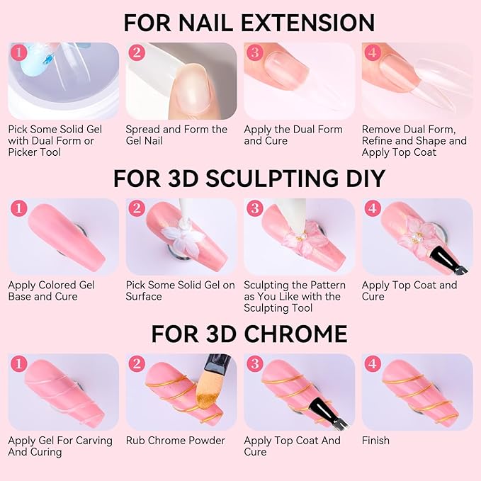 Makartt 3D Gel Nail Art: 4-in-1 Clear & White Solid Gel Builder Non-sticky for Extension 3D Sculpting Nail, UV Glue for Acrylic Nails, Rhinestones & Sculpture Hard Gels for Nails UV/LED Lamp Required