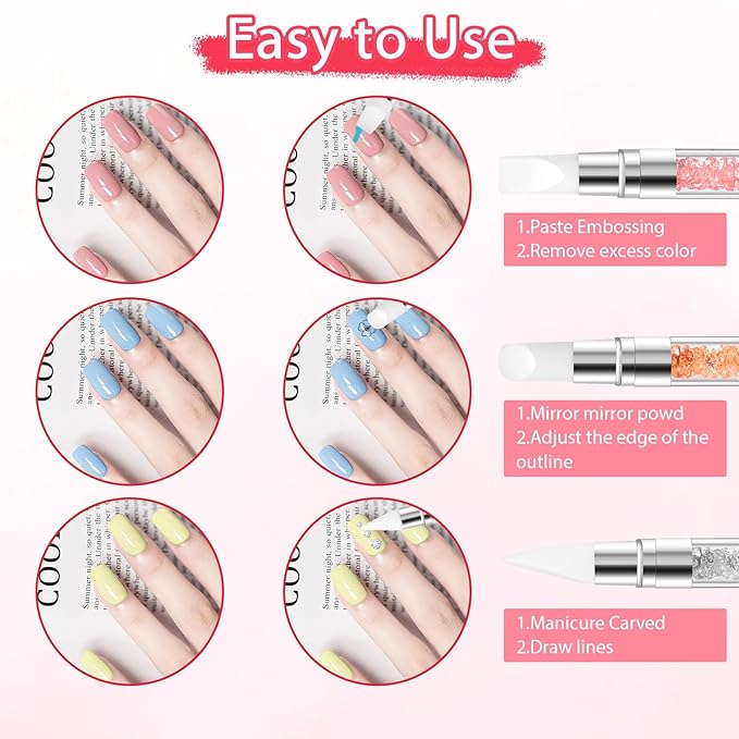 5PCS Nail Art Sculpture Pen, Dual Tipped Silicone Nail Tools, 3D Nail Sculpting Gel Pen, Rhinestone Nail Polish Brushes for Design Nail Foil Carving Drawing Effect Shaping Drawing