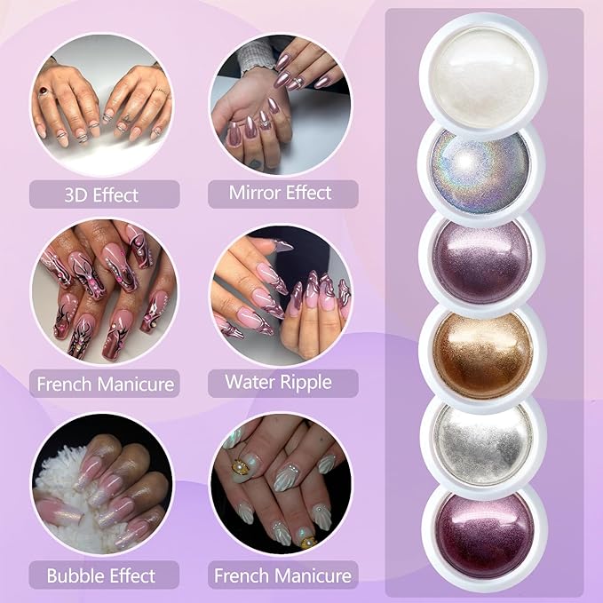 6 Colors Chrome Nail Powder, Mirror Effec Metallic Chrome Powder for Gel Nails, Sliver, Gold, White Pearl, Laser/Silver Nail Decoration Glitter Dust for Nail Art