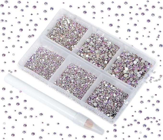 Bymitel 7200 Pieces 6 Mixed Sizes Glue Fix on Glass Rhinestones Round Crystal Gems Flatback for DIY Jewelry Making with one Picking Pen(6-Sizes 7200PCS, Green Pink)