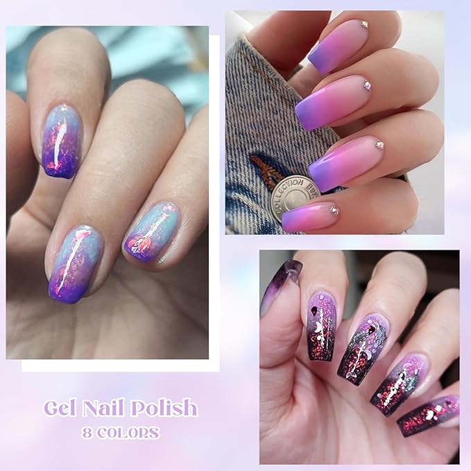 MEET ACROSS 8Pcs Color Changing Gel Nail Polish Set Pink Purple Glitter Temperature Mood Changed Gel Polish DIY Salon Manicure Kit