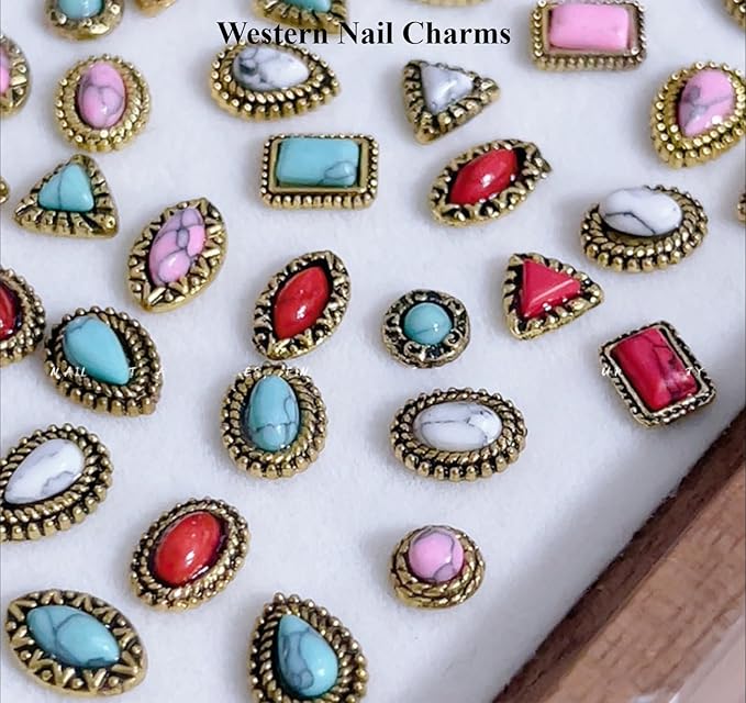 50 PCS Metal Turquoise Nail Charms - Western Cowboy Nail Art Decorations, 3D Nail Gems for DIY Manicure, Mixed Shapes Nail Accessories for Gel Acrylic Nails (B)
