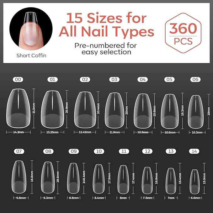 modelones Short Coffin Nail Tips, 360pcs Pre-etched 15 Sizes Clear Fake X Nail Gel Press On Full Cover Half Matte Acrylic Gel Tips for Extension Salon