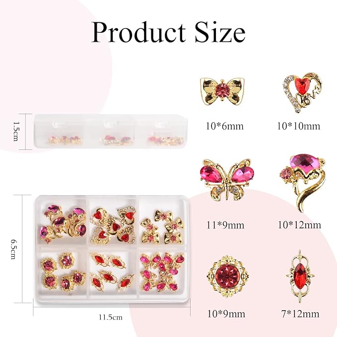 30Pcs Nail Charms 3D Mixed Butterfly Bow Tie Heart Fox Flower Shaped Nail Rhinestones Glitter Gems Metal Gold Rose Red Pink Nail Charms for Girl Women DIY Nail Art Craft Decoration