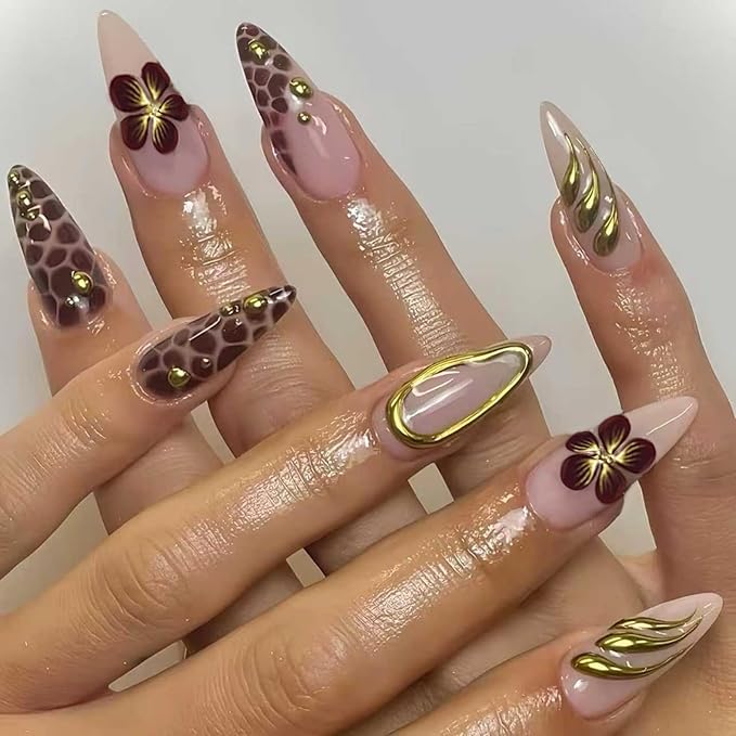 Long Press on Nails Almond Brown Fake Nails French Artificial Nails with Designs Glossy Acrylic Press ons Gold Charm Stick on Nails for Women 24pcs