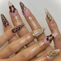 Long Press on Nails Almond Brown Fake Nails French Artificial Nails with Designs Glossy Acrylic Press ons Gold Charm Stick on Nails for Women 24pcs