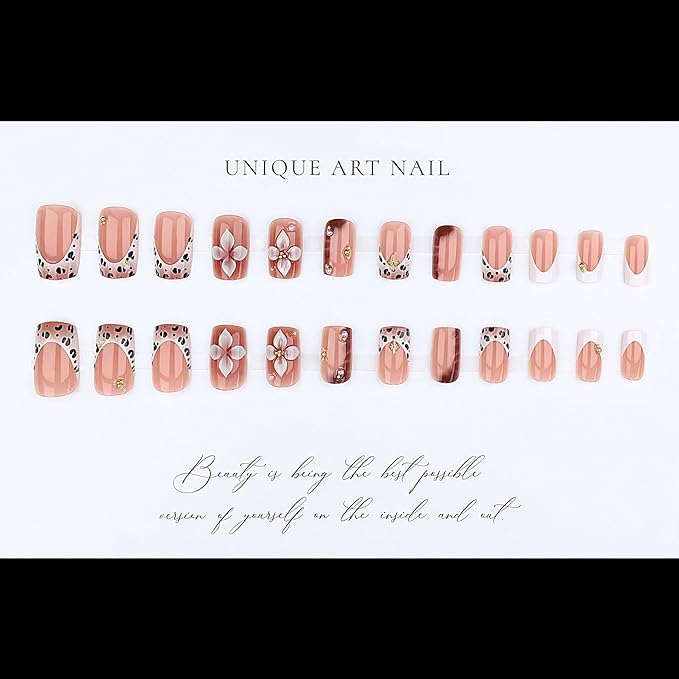 Short Press on Nails Square - Brown Fake Nails with Flower Design - Leopard Print Full Cover Stick on False Nails for Women 24 Pcs