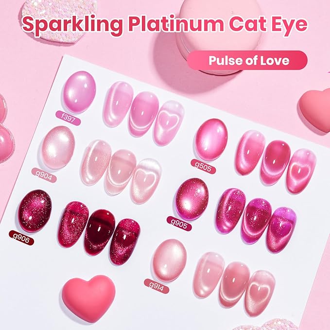 Beetles Pulse of Love Pink Cat Eye Gel Nail Polish Set - 6 Colors Pink Cat Eye Glitter Gel Polish Kit Magnetic Shine Soak Off UV French Nail Art Salon DIY Manicure Spring Gift for Women