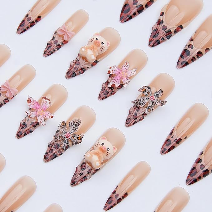 MISUD Press on Nails - Long Stiletto Fake Nails with Brown Leopard, Acrylic Bear Flower Design 24 pcs