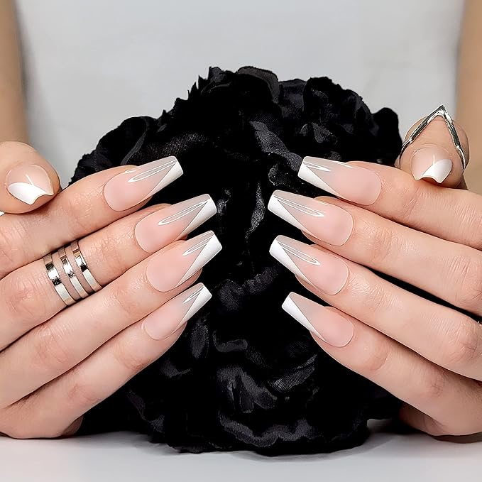 Hypnaughty 24 Pcs Paris Classy French Coffin Press On Nails with Design and Glue Medium Long Fake Nails Nude Pink and White Asymmetrical French Tip Glue On Nails Full Cover (Paris)
