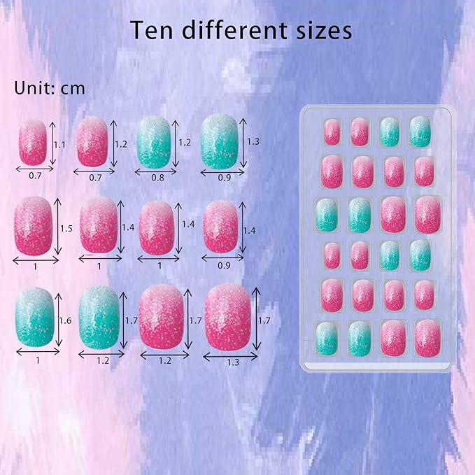 SIUSIO 120 Pcs 5 Pack Children Acrylic Fake Nails Press on Pre-glue Full Cover Glitter Gradient Color Rainbow Short False Nail Art Kits Set for Kids Little Girls - Multicolor Gradient Series