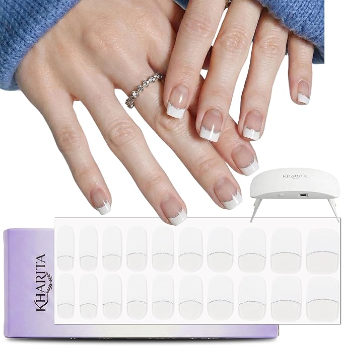 Semi Cured Gel Nail Strips – Real Gel Nail Polish Wraps for Brittle Nails | Waterproof Long Lasting Easy Peel-Off Removal | Hema-Free | 20-Piece French Tip Clear Base Salon Kit with UV Lamps