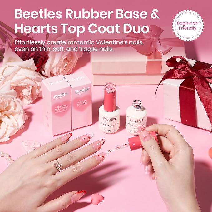 Beetles Heart Glitter Top Coat and Rubber Base Color Gel Polish Kit, Easy Heart & Glossy Shine Nail Art, Long Lasting Soak Off Manicure Spring Gift for Women