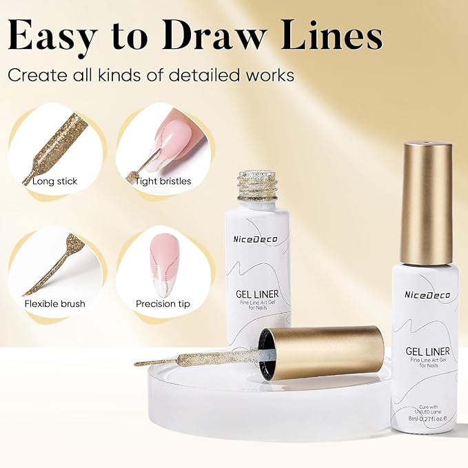 Nicedeco Gel Polish Nail Art Liner Gel 2 Colors, Hema Free, Cruelty Free, Vegan, Metallic Nail Design for Chrome French Manicure