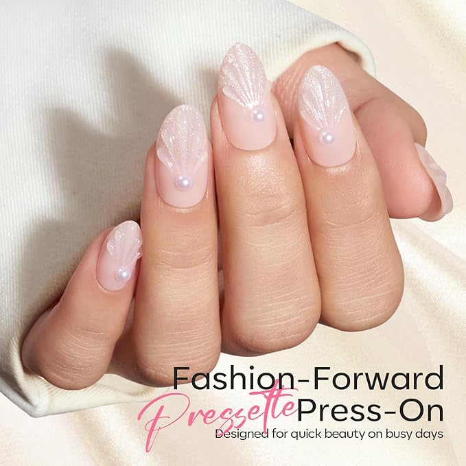 Modelones French Tip Press on Nails Almond, Short Almond Fake Nails, Semi-Transparent Soft Nail Kit with Nail Glue Adhesive Tabs Nail File, Spring Nails Press Ons 30Pcs 15 Sizes, Shell Pearl