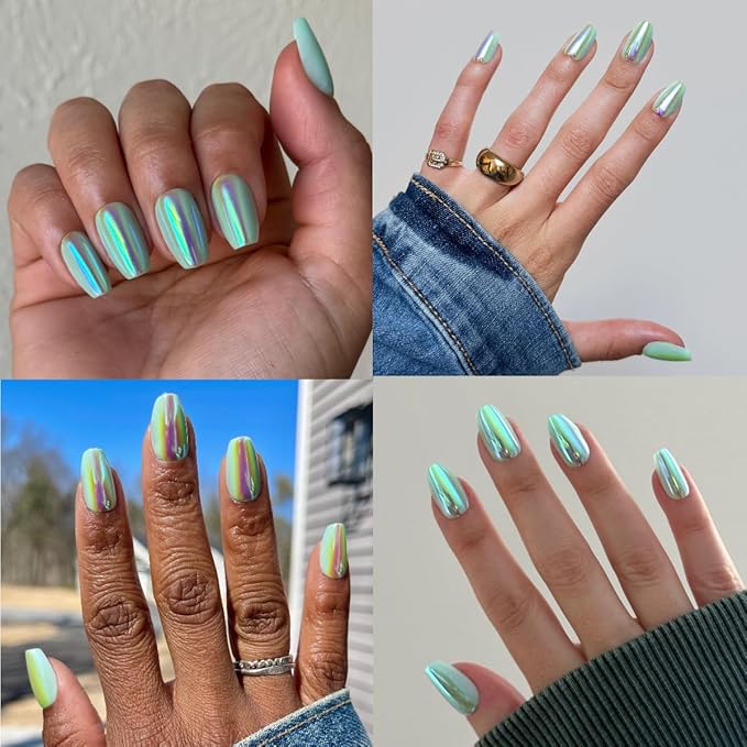 Olive & June Maximalist Instant Mani Press-On Nails (Glue) | 42 Fake Nails, 21 Sizes | Non-Toxic, Long-Lasting Big, Bold Gorgeous Realistic Look | Salon-Quality | Medium, Coffin | Teal Glass Chrome